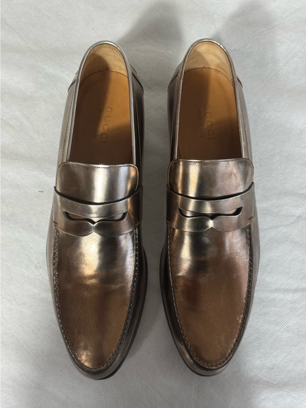 Gucci Bronze Mirror Leather Penny Loafers Dress Shoes 10.5 D Italy NWT